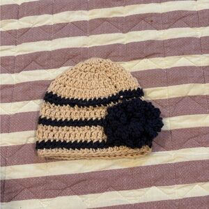 Charming Kids Crochet Beanie with Flower - Beige and Navy